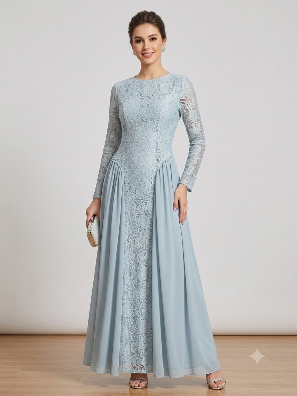 SHEIN‎ Light Blue Lace Long Sleeve Maxi Dress